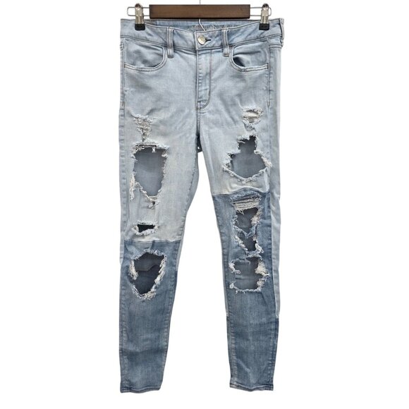 American Eagle Hi-Rise Jegging Jeans Size 8 Light Wash Extreme Distressed Ripped - Picture 1 of 16